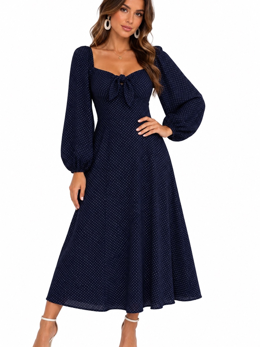 SHEIN Navy Blue Polka Dot Midi Dress – Size Large
